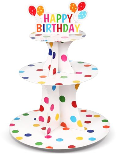 Zopeal Cupcake-Ständer Happy Birthday, 3 Etagen, gepunktet, Dessertturm