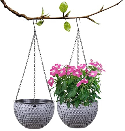 OnIUeZky 2-Pack Self-Watering Hanging Planters, Grey Plastic Bell-Shaped Modern Solid Hanging Flower Pots with Drainage Holes
