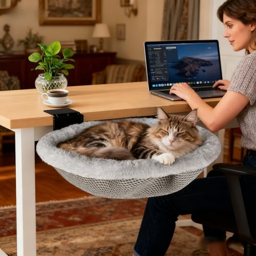 L&W BROS.Cat Desk Bed – Supports Up to 50 lbs, 18x18Removable Machine-Washable Plush Cover, Comfortable Cat Perch for Indoor, Space-Saving Foldable Design Cat Bed for Gaming Desks, Home Office