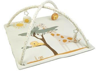 Sterntaler Spielbogen Giraffe & Löwe – weiche Spieldecke mit Druckmotiv – abnehmbare Spielfiguren mit Knisterpapier, Rassel & Quietsche – Baby Activity Decke, ab Geburt - 80x80 cm, ecru