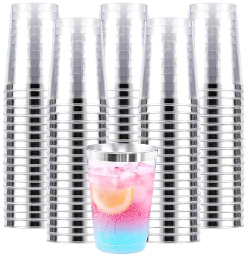 AUTOWNLUX 50 bicchieri in plastica rigida con bordo in argento, 360 ml/12 oz in plastica per feste, matrimoni, compleanni