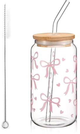 Vaso de cristal con tapa y pajita, vaso de cristal de 16 onzas, vaso de café helado en forma de lata, vaso de cristal con lazo rosa, vaso versátil para beber té de burbujas, café (lazo con patrón de