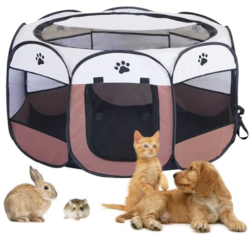 Welpenauslauf 74x74x43cm, BRIMOREA Katzenkäfig Hundekäfig für zuhause, Gitterbox Hund Wurfbox für Katzen Kaninchenstall innen Katzengehege Balkon Katzenkäfig für Draußen Hasen Auslauf(Braun)