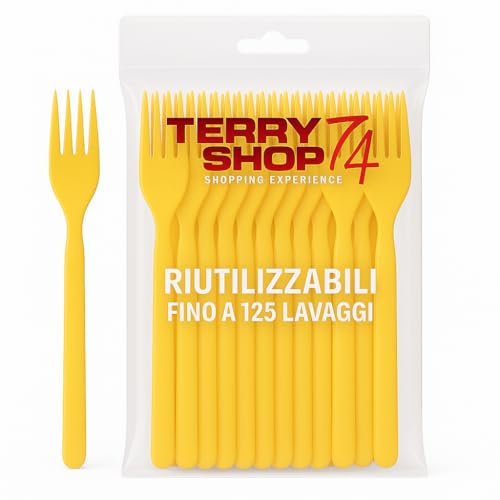 Terryshop74 Forchette Riutilizzabili Lavabili in Lavastoviglie Fino a 125 Volte – 7 Pollici – 6 Colori – Plastica Resistente – Varianti Coltelli e Cucchiai Bianchi (100, Forchette gialle)