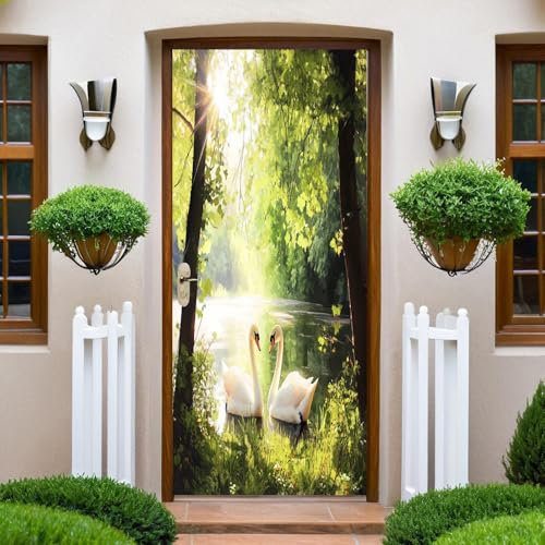 Door Sticker Peel and Stick 90x200 cm Forest swan Green Photo Wall Murals Wallpaper Removable Self-Adhesive Door Murals for Bedroom Living Office Bathroom Home Improvement
