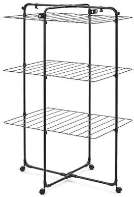 Brabantia HangOn Tower Clothes Drying Rack with Wheels | 76ft (23m) | Matt Black | Tall 3-Tier Indoor Clothes Airer with Adjustable Shelves for Towels, Folds Flat to Save Space | Fits 2+ Full Loads