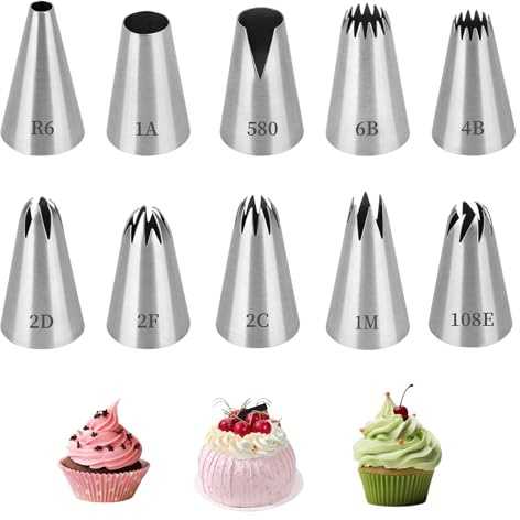HAPPOW Spritztüllen Set, 10 Stücke Spritztüllen aus Edelstahl 304, Modelle 1M/1A/2D/580/108E/2F/R6/6B/2C/4B, Piping Tips, Spritzbeutel Aufsätze, für Kuchen Torten, Cupcake, Plätzchen Dekoration