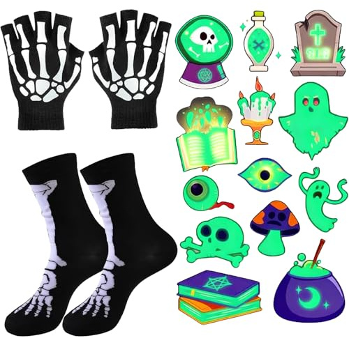 Scinzene Skelett Handschuhe, Halloween Handschuhe, Skelett Kostüm Kinder, 3-Teiliges Set Für Halloween Party, Cosplay Und Outdoor Sport
