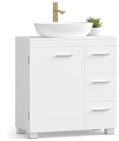 VASAGLE Waschbeckenunterschrank, 3 große Schubladen, 2 Fächer | Badezimmerschrank, Badschrank, 30 x 60 x 64 cm, mit Füßen, wolkenweiß BBK513WB01