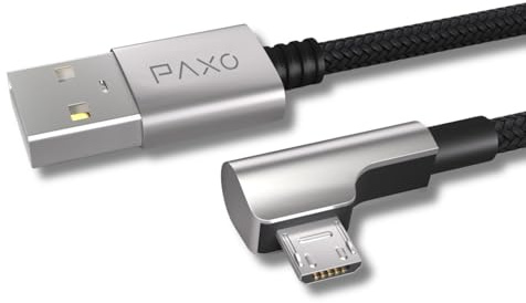 PAXO Cavo micro USB in nylon da 2 m, colore: nero, connettore angolare a 90 gradi, cavo USB a micro USB, cavo di ricarica, cavo dati, USB 2.0