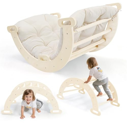 klettergerüst Indoor,Holzkletterbogen mit Weichem Kissen,Indoor Klettergerüst für Kinder ab 3 Jahre, Multifunktional als Wippe & Kletterdreieck zum Klettern/Krabbeln,Belastbarkeit bis 50kg (B)