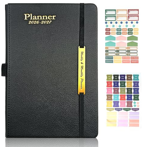 Kalender 2026 Buchkalender A5, 18 Monate Terminkalender mit Wochenplaner von Januar 2026 bis June 2027, Hardcover Kunstleder Taschenkalender Terminplaner, Schwarz