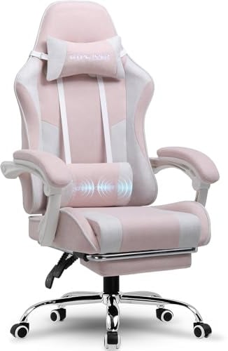 GTPLAYER Gaming Stuhl, Bürostuhl, Ergonomischer Pc Stuhl, Gaming Sessel mit Massagelendenwirbelstütze, Task Stühle mit Fußstütze und Kopfstütze, Rosa Stoff