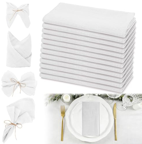 Stoffservietten Weiß, 12er Set Baumwollstoffservietten 42x42cm Stoffserviette Baumwolle Servietten Tischdekoration Servietten Wiederverwendbare Tischservietten Stoff für Hochzeit Geburtstag Abendessen
