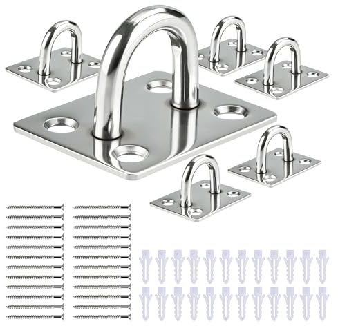 VRHIRIE 6 Pcs Stainless Steel Pad Eye Plate, Heavy-Duty Ceiling Hooks Hardware Staple Ring Hooks for Hanging Chairs, Indoor Plants, Hammocks and Swings - Includes Wall Plugs and Screws