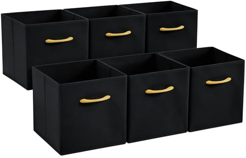Collapsible Fabric Storage Cubes, Pack of 6 Foldable Boxes with Handles | Black 27 x 27 x 27 cm | Non-Woven Fabric | Open-Top Cube Shelf Baskets For Wardrobes, Toys, Clothes & Nursery
