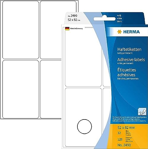 HERMA 2490 Vielzweck-Etiketten, 128 Stück, 52 x 82 mm, 4 pro Bogen, selbstklebend, Haushaltsetiketten zum Beschriften, matt, blanko Papier Klebeetiketten Aufkleber, weiß