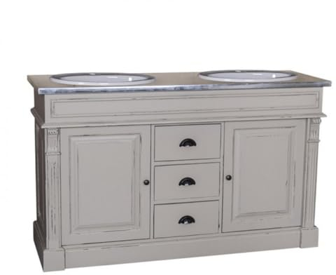 Casa Padrino Landhaus Stil Waschschrank Waschtisch inkl 2 Waschbecken mit Schubladen und Schranktüren Nizza - Bad Schrank Massivholz, Farbe:Schrank Shabby Chic Weiß Platte verzinktes Metall