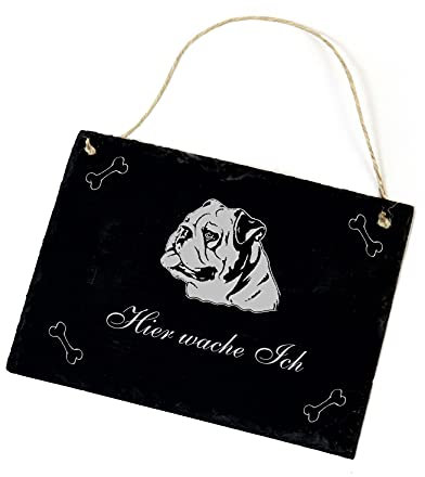 Englische Bulldogge Schild aus Schiefer graviert - Hier wache Ich - Schiefertafel Türschild 22x16cm | Dekolando