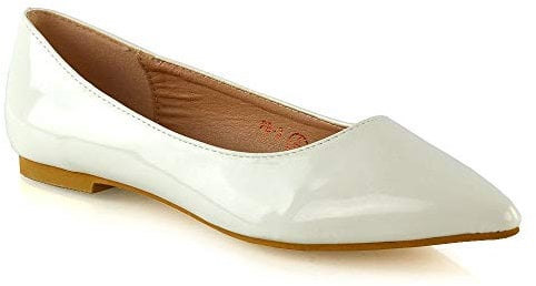ESSEX GLAM Women's Flat Slip On Pumps Ladies Pointed Toe Ballet Work Shoes Size 3-8 White Patent