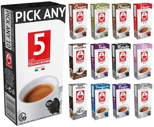 50 Bonini Coffee Pods Compatible with Nespresso Coffee Machines Pick Any 5 Packs from 11 Blends Including: Intenso, Ristretto, Eccelso, Forte, Classico, Decaf and so Many More