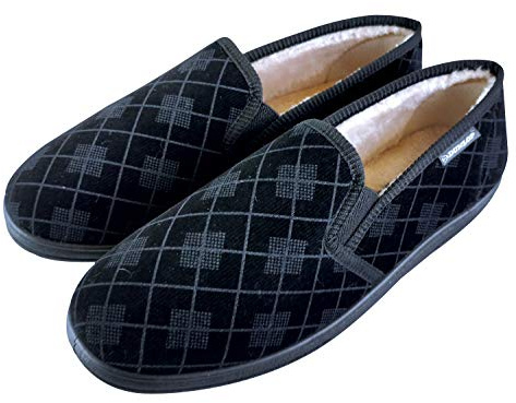 Dunlop - Mens Plush Fur Lined Memory Foam Plaid Checked Moccasin Slippers with Hard Sole (11 UK, Black)