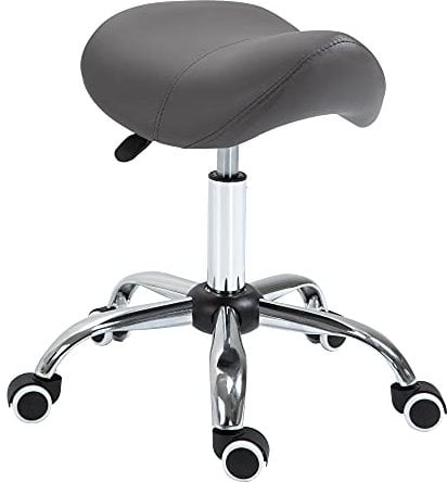 HOMCOM Cosmetic Stool 360° Rotate Height Adjustable Salon Massage Spa Chair Hydraulic Rolling Faux Leather Saddle Stool Mobility, Grey