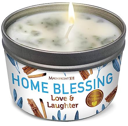 MAGNIFICENT 101 Home Blessing Aromatherapie-Kerze für Liebe und Lachen – nach Salbei, Bergamotte, Sandelholz duftende, natürliche Sojabohnenwachs-Zinnkerze zur Reinigung und Chakra-Heilung