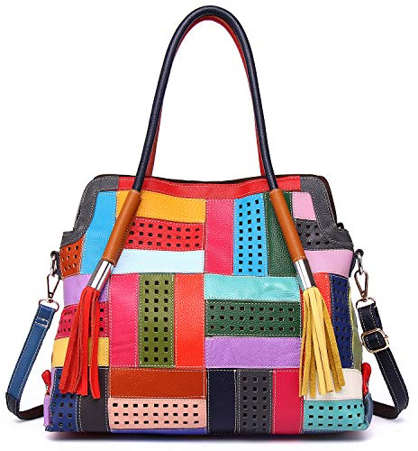 Segater® Mehrfarbig Floral Rind Leder-Umhängetasche für Damen, Vintage Rindsleder Handtasche Blumenmuster 3D Schultertaschen Damen Reisetasche mit Henkeltasche Patchwork bunte Geldbörsen
