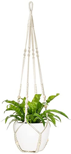 Mkono 43 Inch Macrame Plant Hanger Large for up to 12 Inch Pot Extra Long Hanging Plant Holder No Tassels Hanging Planter Basket with Wood Beads for Indoor Outdoor Boho Home Decor, Ivory