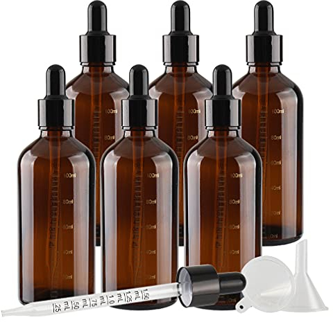 TIANZD 6 Pièces 100ml Flacons en Verre Marron avec Pipettes Graduées, 100 ml Bouteilles Échelle Compte-gouttes en Verre Vides Pour Mesure Les Huiles Essentielles Aromathérapie