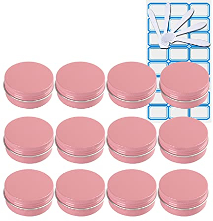 ZEOABSY 30 Pieces 10 ml Empty Pink Round Aluminum Tin Jars with Screw Lids Cosmetics Lip Balm Containers Pots for DIY Candle Salve Salt Powder Crafts Storage Cans with 5X Spoon, 2X Labels