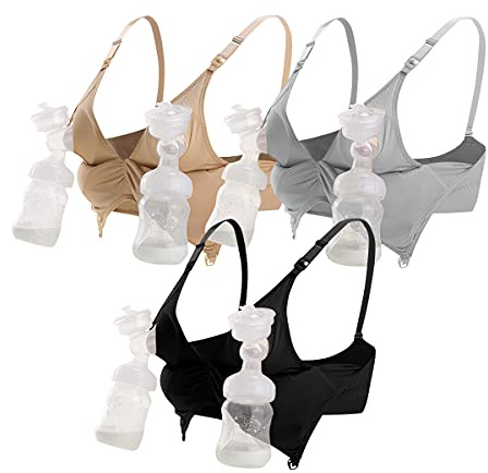 iloveSIA 3PACK Nursing & Pumping Bras All in One Hands Free Pumping Bra Black+Gray+Beige Size XL