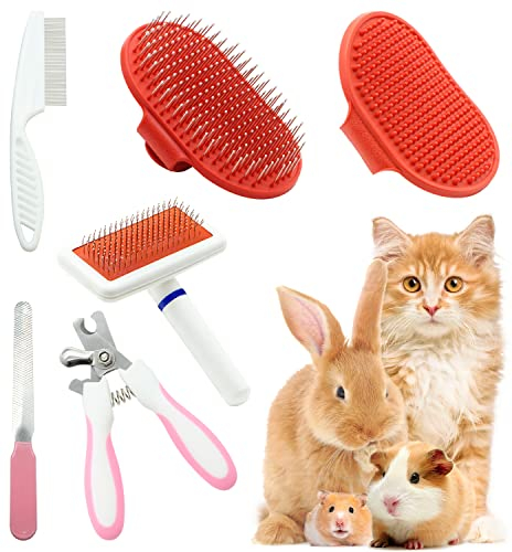 Crafterlife Kaninchen-Fellpflege-Set mit Haustierausfall Zupfbürste Nagelknipser Haustiermassage Badhandschuh Flohkamm für Hasen Welpen Kätzchen Meerschweinchen Frettchen kleine Tiere (rot, rosa)