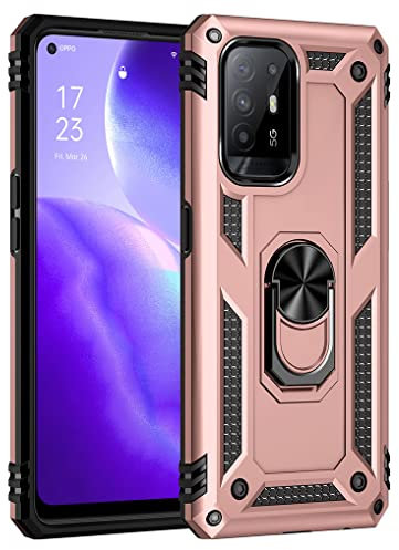 SEEKO Cover per Oppo A94 5G, Militare Antiurto Protezione Silicone con 360° Anello Supporto Kickstand Rugged Custodia PC + TPU Bumper Case - Oro Rosa