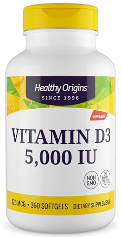 Healthy Origins, Depot Vitamina D3, 125mcg (5.000IU), 1 Cápsula cada 5 Días, 360 Cápsulas blandas, Altamente Dosificadas, Probadas en Laboratorio, Sin Soja, Sin Gluten, No GMO