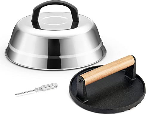22,9 cm Käse-Schmelzkuppel und Grillpresse-Set, Joyfair Edelstahl-Grillabdeckung mit Gusseisen-Burgerpresse zum Grillen von Patty, Outdoor-Camping/Flat Top Teppanyaki, spülmaschinenfest