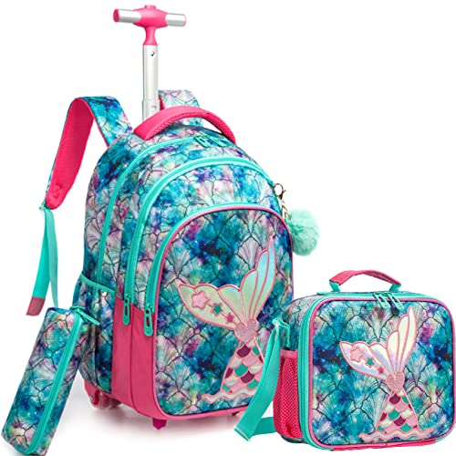 HTgroce Schulranzen Mädchen Schultasche mit Rollen Meerjungfrau Rucksack Trolley Rucksack mit Rollen Schulranzen mit Rollen für Mädchen Trolley Kinder Mädchen Rucksäcke Kinder Schultasche-Set.