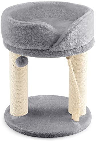 GOPLUS Arbre a Chat 40 x 40 x 53 CM en Bois Recouvert Peluche à 2 Niveaux, Arbre à Chat avec 2 Poteaux en Sisal, Nid pour Couchage Confortable Détachable, Boule Suspendue, Corde en Sisal, Gris