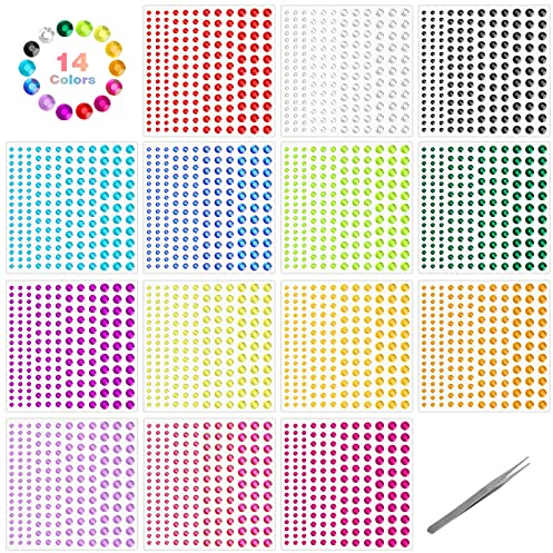 2310 Stück Glitzersteine Selbstklebend Strasssteine Aufkleber, 4 Größe Runde Schmucksteine Sticker mit Pinzette, Bunt Acryl Glitzersteine für Gesicht Augen Nägel DIY Basteln