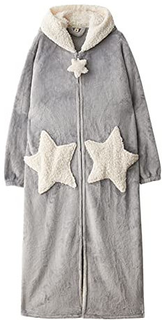Accappatoio con Cappuccio da Donna e Uomo con Cerniera,Accappatoio Morbido in Flanella,Vestaglia Lunga Unisex Invernale in Pile con Zip,Soffice e Calda Camicia da Notte con Tasca a Stella Grigio L