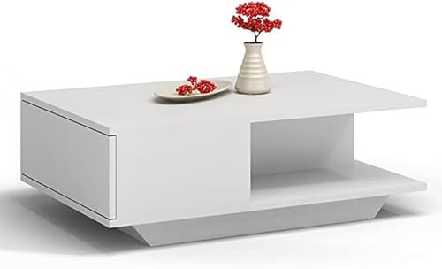 CDF Couchtisch Wohnzimmertisch Weiß matt – Moderner Tisch mit Stauraum 90x60x42 cm – Minimalistisches Design mit Tip-ON Klappe – Laminierte Spanplatte 16 mm – Leichte Selbstmontage
