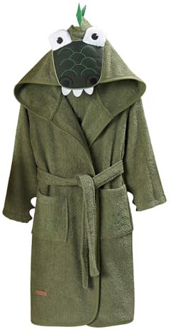 ELY PARKER Bademantel Kinder Frottee, Jungen, Handtuch aus Türkische Baumwolle, mit Kapuze, Krokodil, Grün (5-6 Jahre) Superweich, Saugfähig, Bequem, Dick