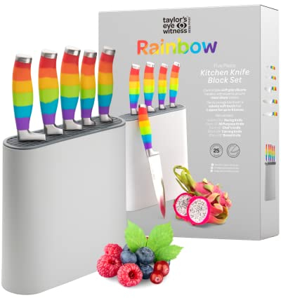 Rainbow Colored Kitchen Knife Block Set - 5 Stainless Steel Bladed Knives - Brightly Multi-Coloured Ergonomic Handles, Stylish and Vibrant. Perfect for Every Cutting Requirement - 6 Piece Set