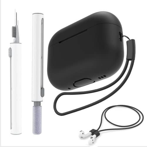 Fhtase Schutzhülle für AirPods Pro 2 2022 mit Reinigungsset, Stift und Anti-Verlust-Riemen für AirPods, weiches Silikon, AirPod Pro 2. Generation, Schwarz