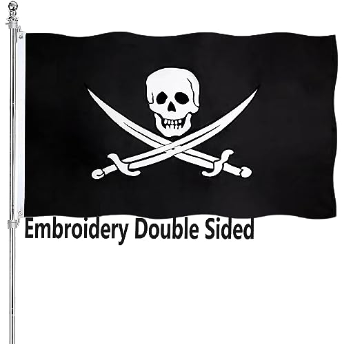 Bandiera da pirata Jolly Roger ricamata, 3 x 5, double-face, resistente per esterni, a 3 strati, con testata in tela resistente e 2 occhielli in ottone, colori vivaci