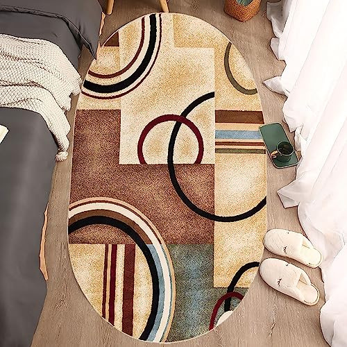 SRTJURFG Teppich Oval Corridor Flur Läufer, Moderner Kurzflor Teppich, Groß Schutzmatten für Wohnzimmer, Flur, Kinderzimmer Geometrisch Abstrakt Tan, 90 x 160 cm
