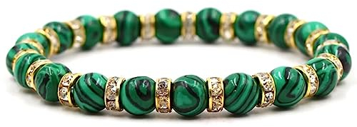 Epinki Armband Zart mit Zirkonia für Damen & Herren, 8mm Malachit Perlenarmband - Geschenk für Männer aus echten Natursteinen, 19CM (Grün Gold)