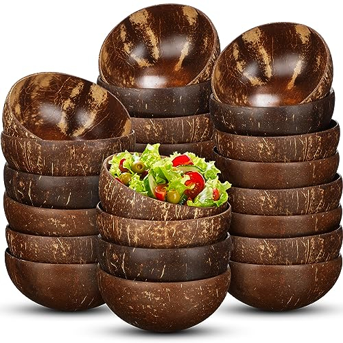 Bokon 24 Pcs Coconut Shell Bowls Polished Wooden Bowls Natural for Smoothie Acai Salad Vegan Gifts Kitchen Decor (Large)