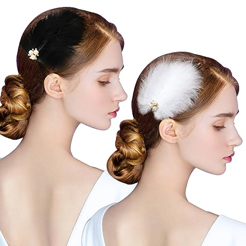 MWOOT 2 Pièces Pinces Cheveux Plumes, Barrette Cheveux Fascinators pour Femmes Filles, Bijoux Cheveux Plume Année 1920 pour Mariage Bal Fin D'année Tea Party Accessoire Blanche Noire